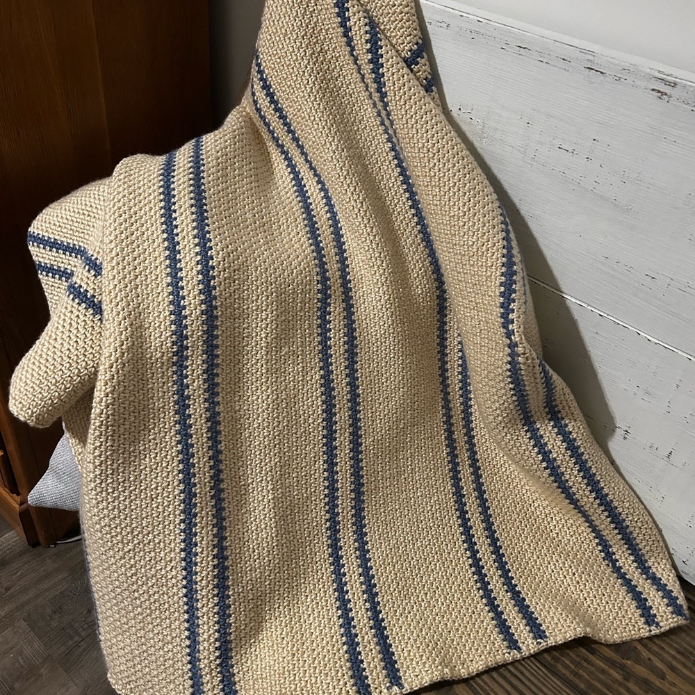 Beige and Blue Striped Crochet Blanket